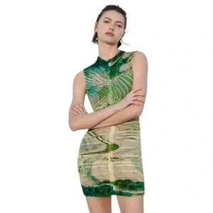 ZARA | Ruched High-Collar Multicolor Printed Tulle Mini Dress Sleeveless Size M